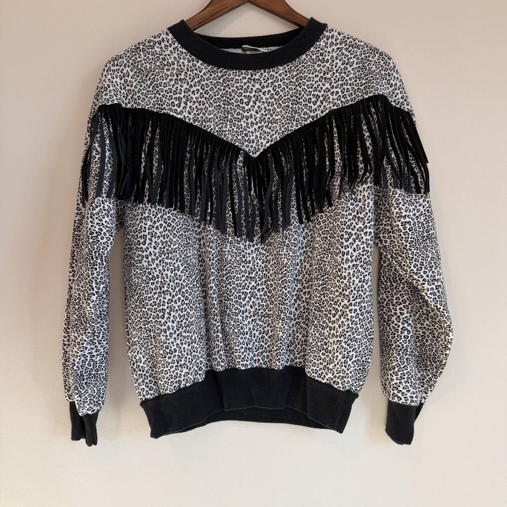 Vintage 80s 90s Leopard Fringe Sweatshirt USA Made Western Boho L